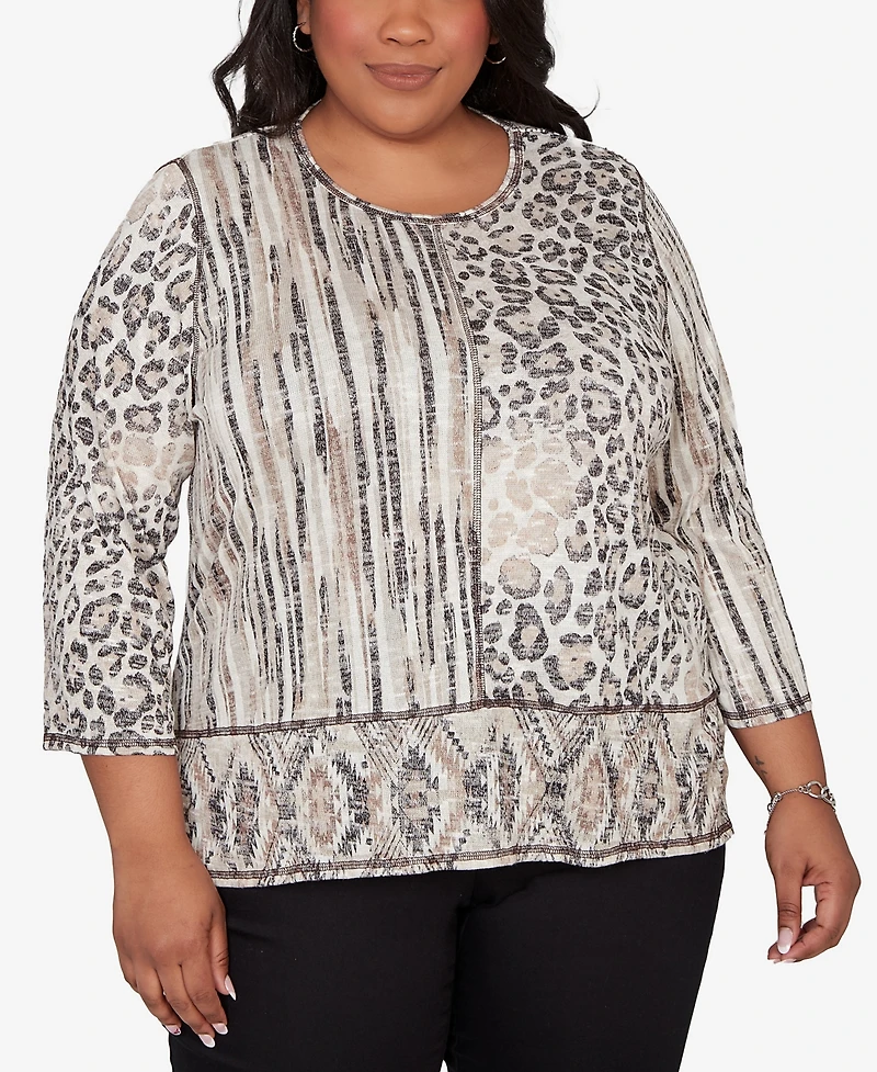 Alfred Dunner Plus Detail Driven Spliced Aztec Animal Skin Crewneck Top