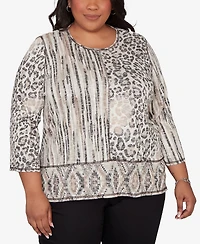 Alfred Dunner Plus Detail Driven Spliced Aztec Animal Skin Crewneck Top