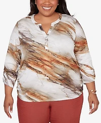 Alfred Dunner Plus Spice Market Marble Print Split Neck Top