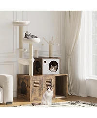 gaomon Litter Box Enclosure with Tree Tower and Condo, Wooden Cat Scratching Posts, Hammock, Hidden Furniture,