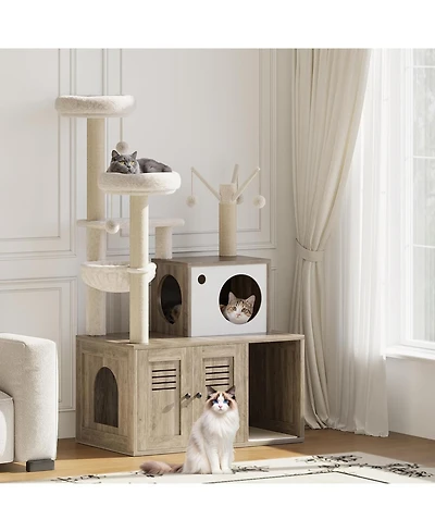 gaomon Litter Box Enclosure with Tree Tower and Condo, Wooden Cat Tower with Scratching Posts, Cat Hammock, Hidden Litter Box Furniture, Wooden