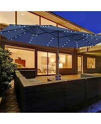 Gouun 15 ft Twin Patio Umbrella with 48 Solar Led Lights and Standby Battery