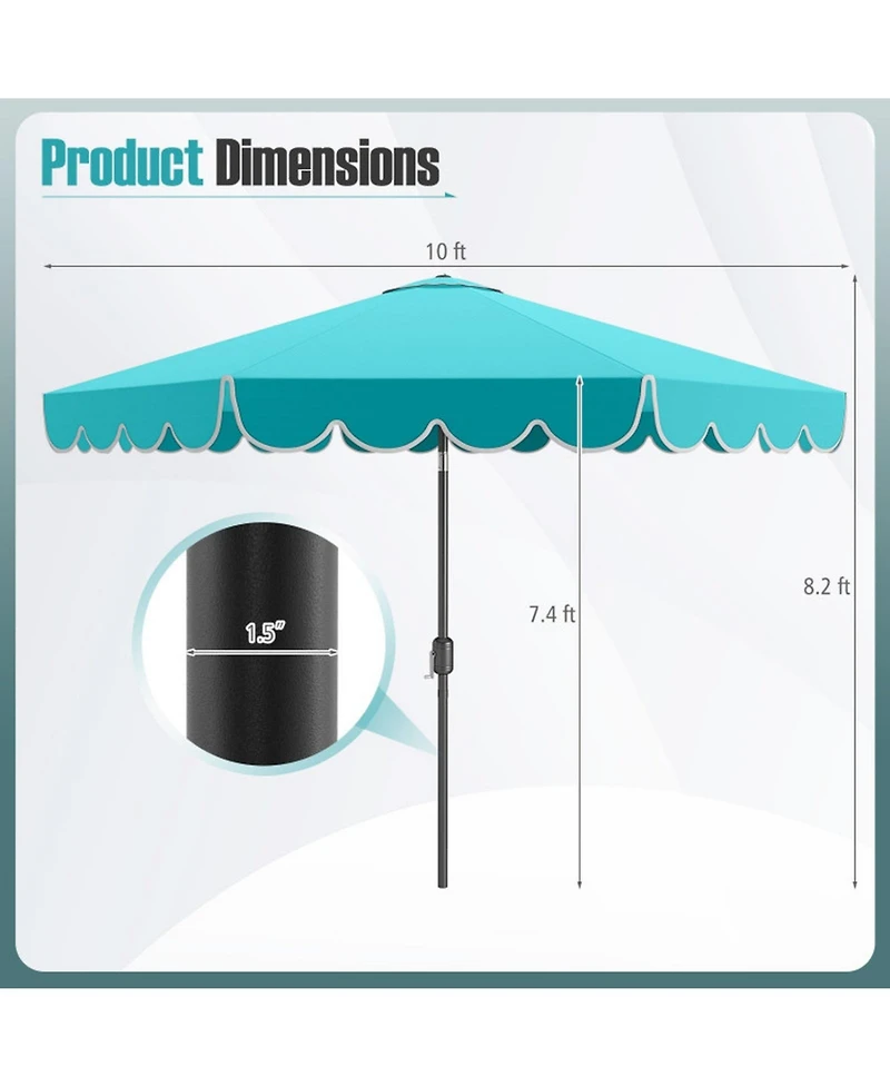 Gouun 10 ft Outdoor Market Umbrella with Crank Push-Button Tilt and Ruffled Edges