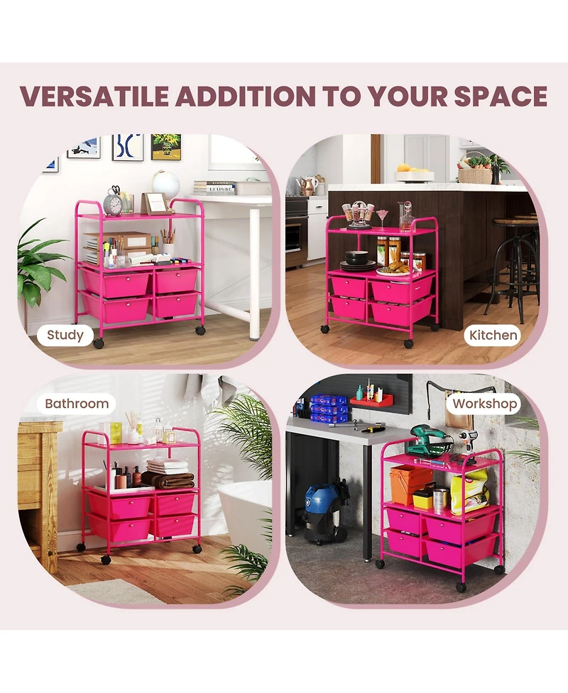 Gouun 4-Drawer Rolling Storage Cart with 2-Tier Open Shelves