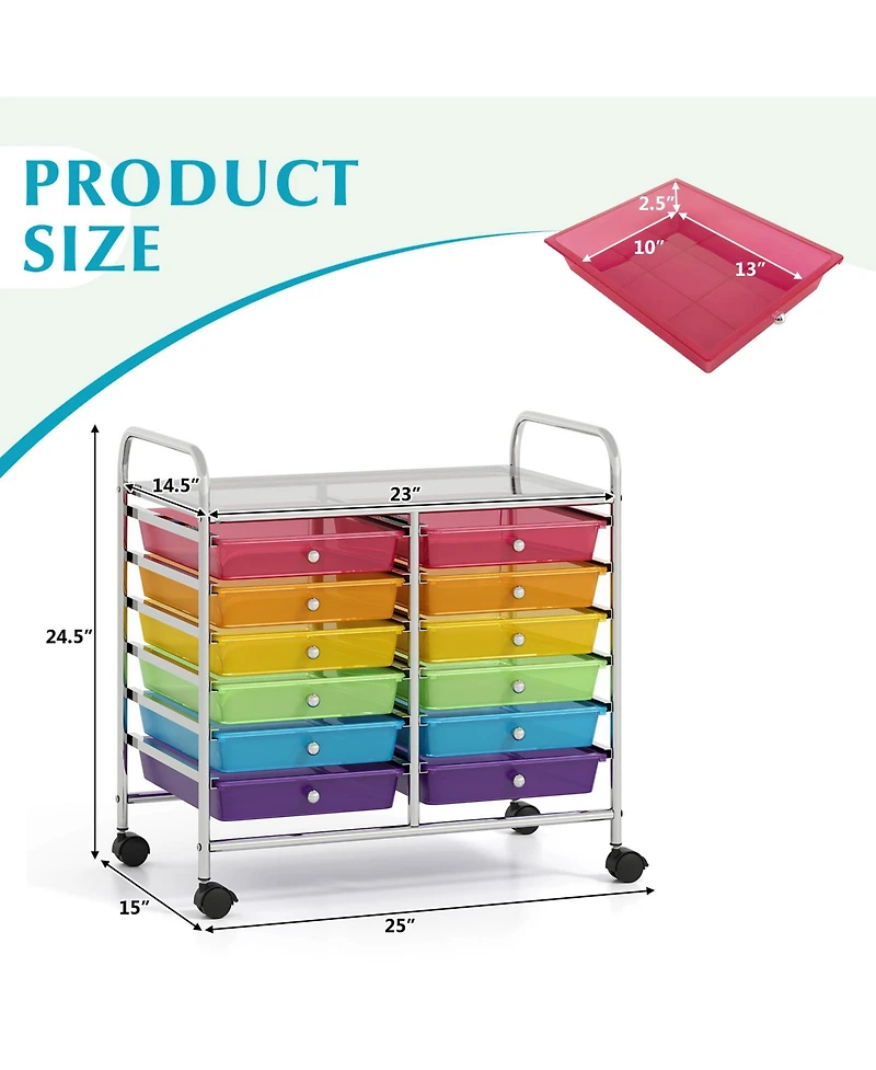 Gouun 12-Drawer Rolling Storage Cart with Multicolor Drawers and Wheels