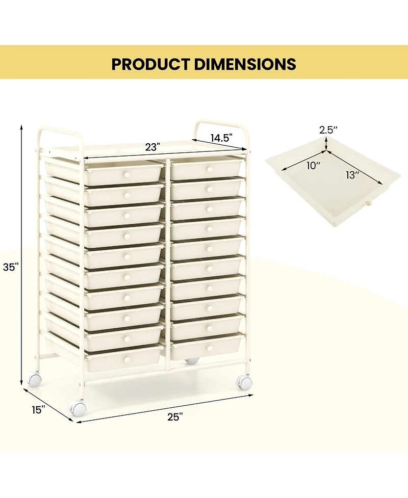 Sugift Twenty Drawer Rolling Storage Cart Studio Organizer Unit