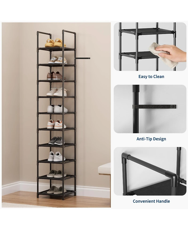 Homfan 10 Tier Metal Shoe Rack with Adjustable Fabric Shelves, 11.02 x 17.72 x 68.11/13 x 13 x 68.11 in Tall Storage for Closet and Entryway