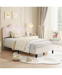 Modern Twin Upholstered Platform Bed Frame, Adjustable Mountain Headboard, Built-in Drawer Storage, Sturdy Wooden Slats, Rgb Led Neon Lighting