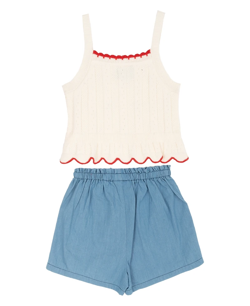 Rare Editions Girls' 2T-6X Crochet Knit Tank and Chambray Shorts, 2-Piece Set