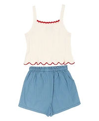 Rare Editions Girls' 2T-6X Crochet Knit Tank and Chambray Shorts, 2-Piece Set