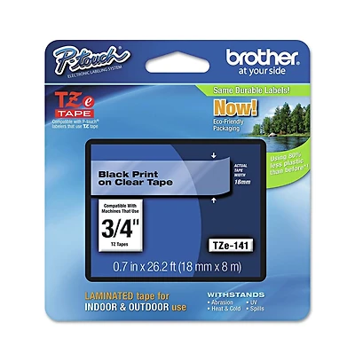 Brother P-Touch TZE141 TZe 0.7 in. x 26.2 ft. Standard Adhesive Laminated Labeling Tape - Black on Clear