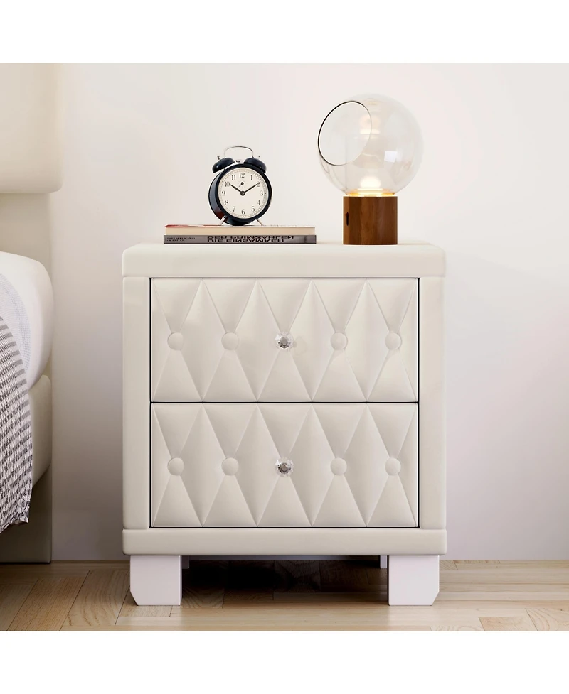 sumyeg Nightstand with Crystal Handle 2-Drawer Button-Tufted Bedside Table