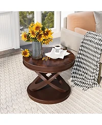 sumyeg Walnut Retro Round Wooden End Table X-Shape Base Sofa Side Table
