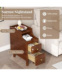 sumyeg Solid Wood End Table Narrow Bedside Table with Pull-out Tray and 2 Storage Drawers