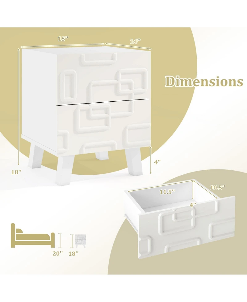 sumyeg Modern Nightstand with Drawers and 3D Geometric Pattern
