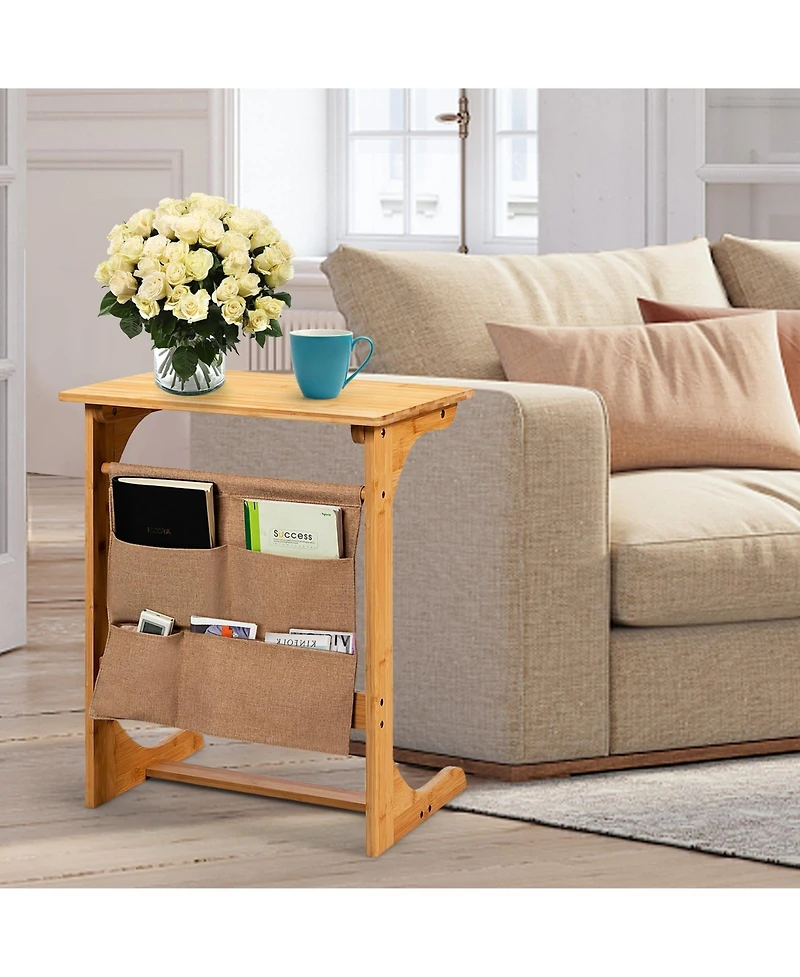 sumyeg Bamboo Sofa Table End Table Bedside Table with Storage Bag