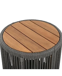 sumyeg Outdoor Rattan Rope and Acacia Wood Side Table for Patio, Balcony Garden