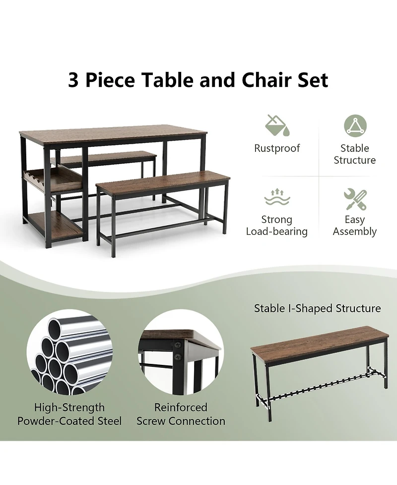 Gymax 3PCS Rustic Kitchen Dining Set Includes Storage Rack w/ Rectangular Table and 2 Benches