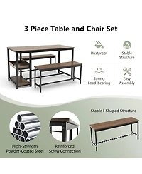 Gymax 3PCS Rustic Kitchen Dining Set Includes Storage Rack w/ Rectangular Table and 2 Benches