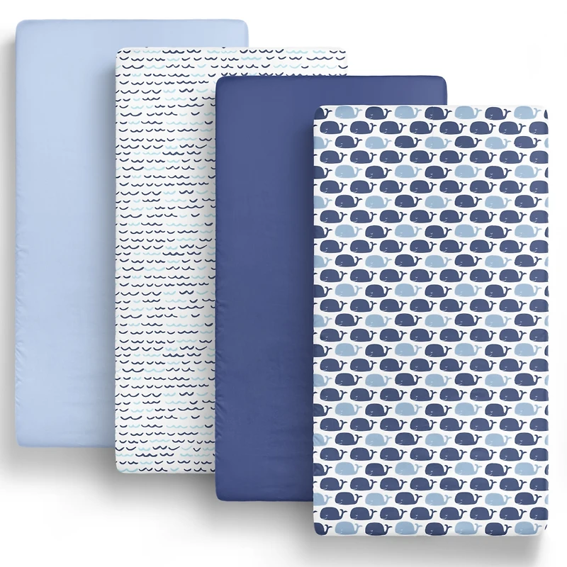 The Peanutshell Fitted Crib Sheet Set for Baby Boys or Baby Girls, Blue Nautical Theme, 4 Pack Set