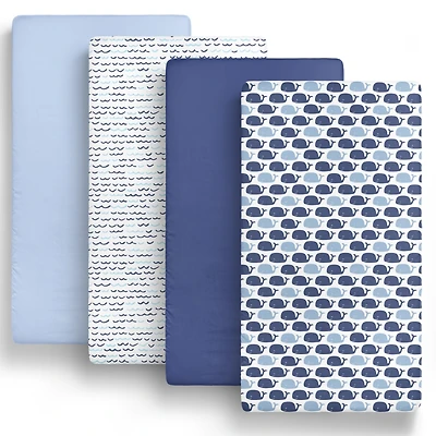 The Peanutshell Fitted Crib Sheet Set for Baby Boys or Baby Girls, Blue Nautical Theme, 4 Pack Set