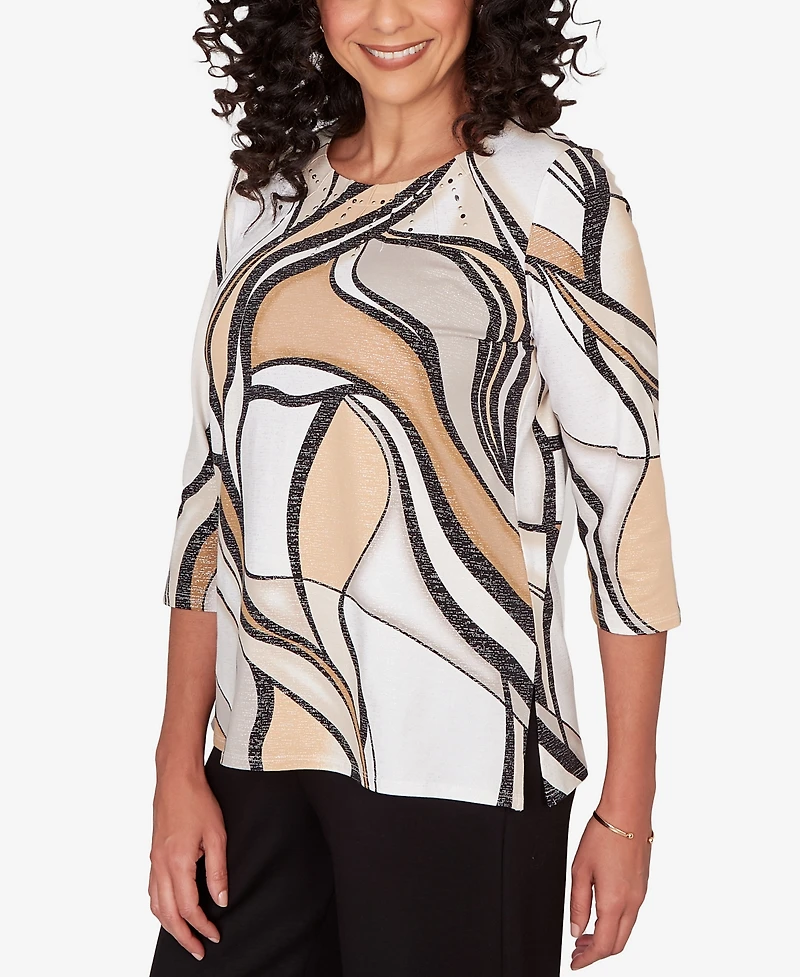 Alfred Dunner Women's Seville Abstract Print Pleated Crewneck Top
