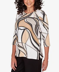 Alfred Dunner Women's Seville Abstract Print Pleated Crewneck Top