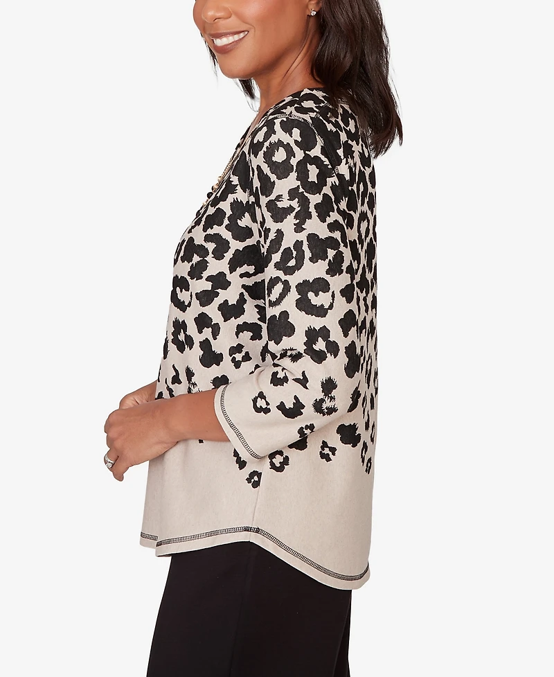 Alfred Dunner Women's Seville Animal Print Crewneck Top with Necklace