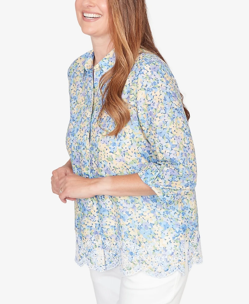 Alfred Dunner Women's Classic Embroidered Floral Border Button Down Top