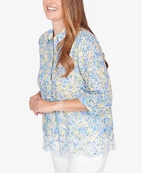 Alfred Dunner Women's Classic Embroidered Floral Border Button Down Top