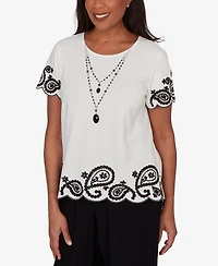 Alfred Dunner Women's Crowd Pleaser Paisley Border T-shirt with Necklace