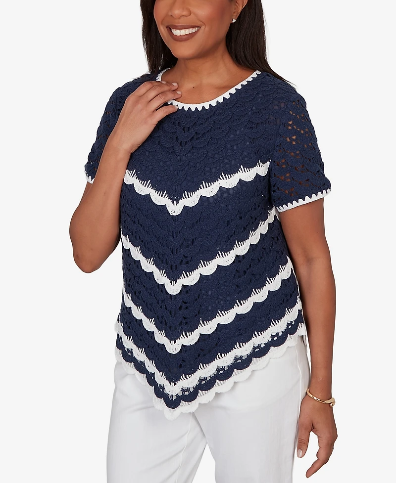Alfred Dunner Women's Port Side Chevron Crochet Short-Sleeve T-shirt