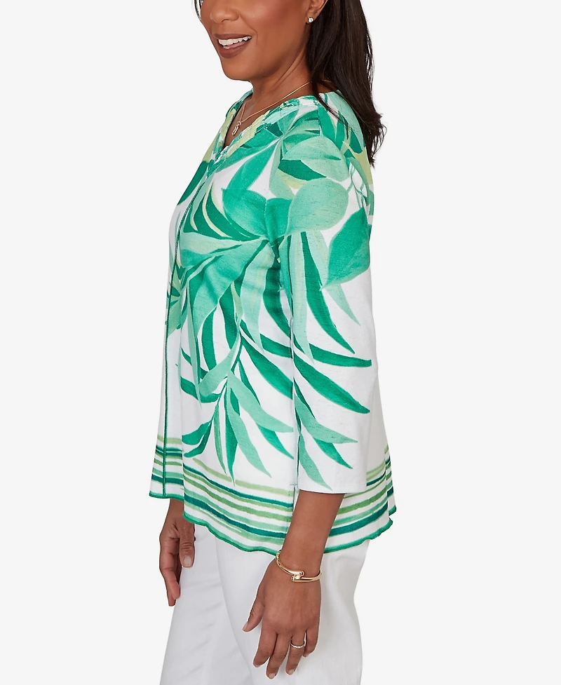 Alfred Dunner Women's Resort Living Artisan Leaf Bordered V-Neck Top