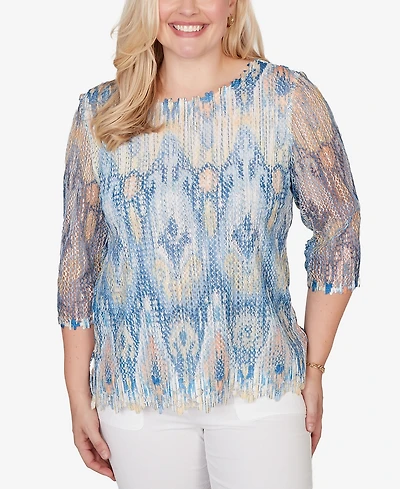 Alfred Dunner Women's Out of the Blue Dramatic Ikat Scallop Trim Crewneck Top