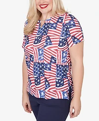 Alfred Dunner Women's Lady Liberty American Flag Patchwork Keyhole T-shirt
