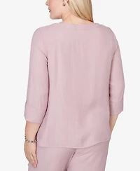 Alfred Dunner Women's Vintage Charm Textured Spliced Rose Crewneck Top