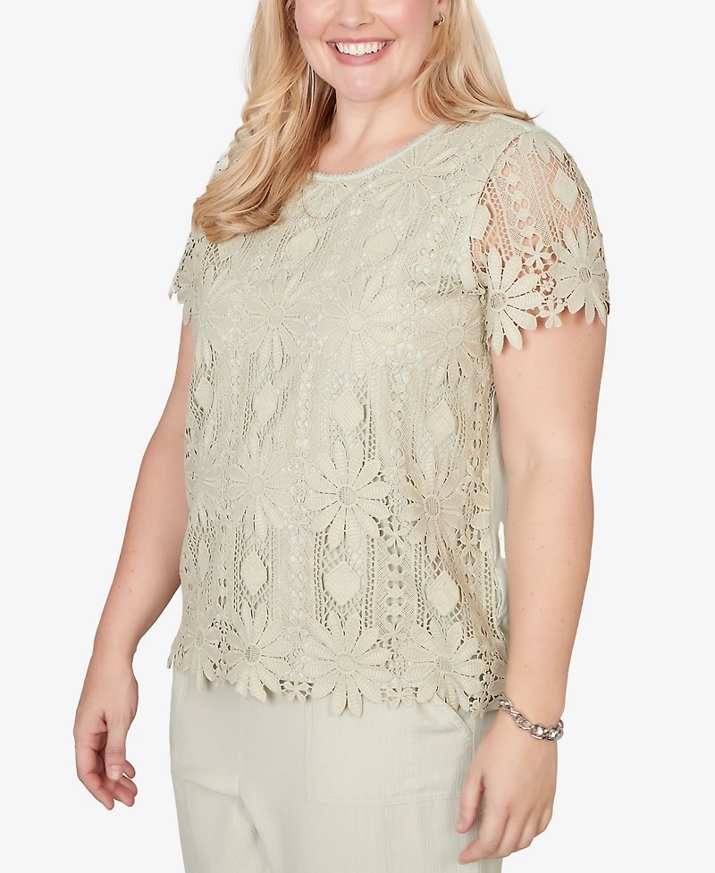 Alfred Dunner Women's Vintage Charm Floral Lace Short-Sleeve T0p