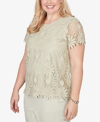 Alfred Dunner Women's Vintage Charm Floral Lace Short-Sleeve T0p