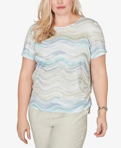 Alfred Dunner Women's Vintage Charm Wavy Biadere Side-Tie Ruched Crewneck T-shirt