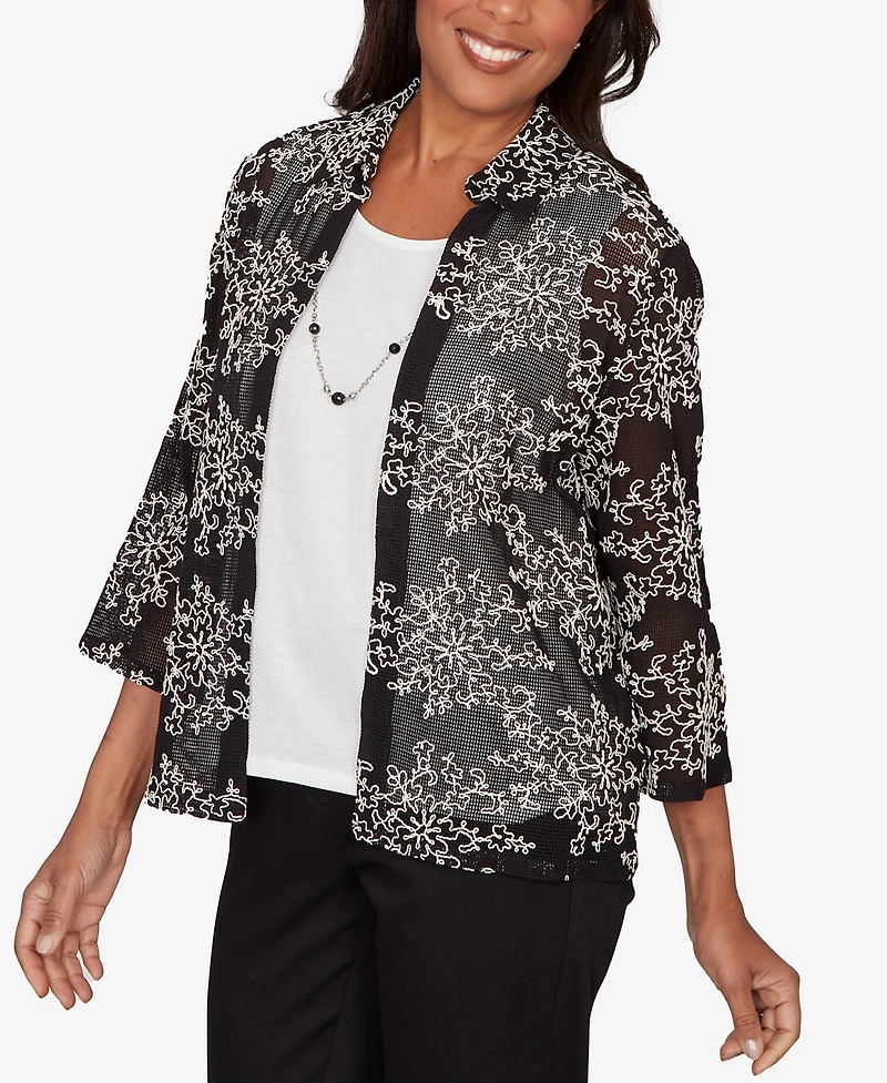 Alfred Dunner Women's Detail Driven Two-in-One Mesh Soutache Top with Necklace