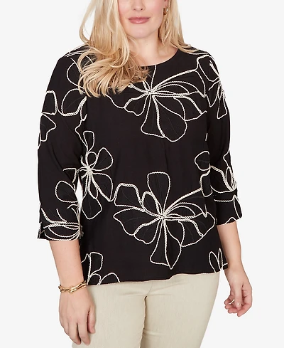 Alfred Dunner Women's Detail Driven Flower Soutache 3/4-Sleeve Top