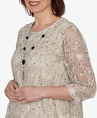 Alfred Dunner Women's Detail Driven Popcorn Mesh Pointed Hem Top with Necklace