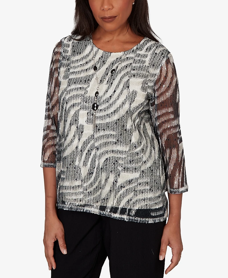 Alfred Dunner Women's Detail Driven Animal Popcorn Embellished Top with Necklace