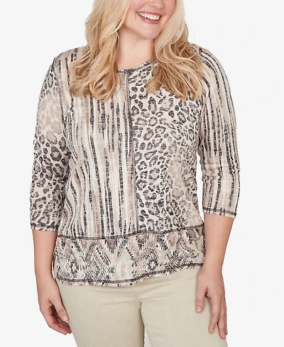 Alfred Dunner Women's Detail Driven Spliced Aztec Animal Skin Crewneck Top