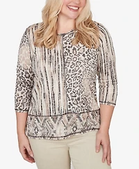 Alfred Dunner Women's Detail Driven Spliced Aztec Animal Skin Crewneck Top