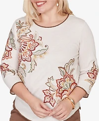 Alfred Dunner Women's Spice Market Asymmetrical Scroll Floral Round Hem Top