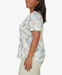 Alfred Dunner Women's Vintage Charm Seashells Embellished Short-Sleeve Top