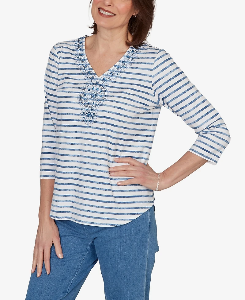 Alfred Dunner Women's Classic Medallion Embroidered Stripe V-Neck Top
