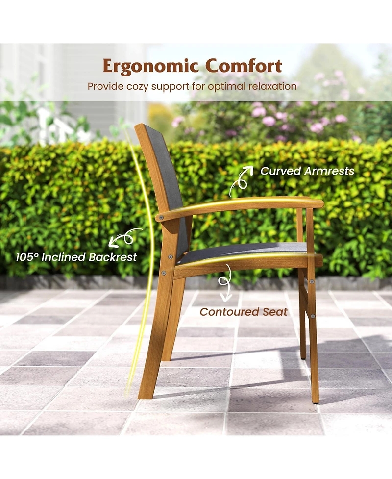 Sugift Set of 2 Patio Dining Chairs with Breathable Fabric and Acacia Wood Frame