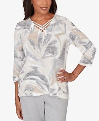 Alfred Dunner Women's Comfort & Joy Leaf Print Crossover V-Neck Top
